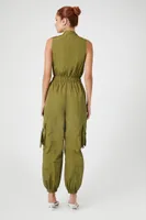 Women's Sleeveless Cargo Jumpsuit in Olivine , XS