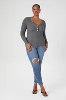 Women's Ribbed Knit Henley Top in Heather Grey, 3X