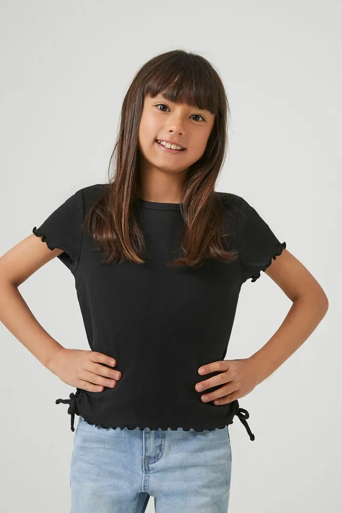 Girls Ribbed Knit Drawstring Top (Kids) in Black, 9/10