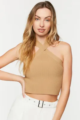 Women's Sweater-Knit Halter Crop Top in Cappuccino, XL