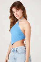 Women's Sweater-Knit Handkerchief Halter Top in Blue Large