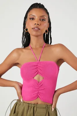 Women's Sweater-Knit Shirred Halter Top Fuchsia