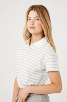 Women's Striped Polo Shirt in Heather Grey/White, XL