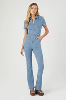 Women's Zip-Up Denim Short-Sleeve Jumpsuit in Light Denim, XL