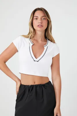 Women's Split-Neck Cropped T-Shirt in White Large