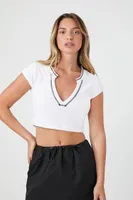 Women's Split-Neck Cropped T-Shirt in White, XL