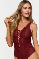 Women's Crisscross Lace Teddy in Sangria Small