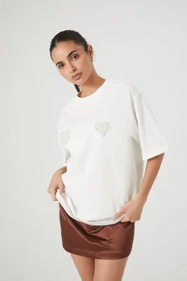 Women's Faux Pearl Heart T-Shirt in Cream Small