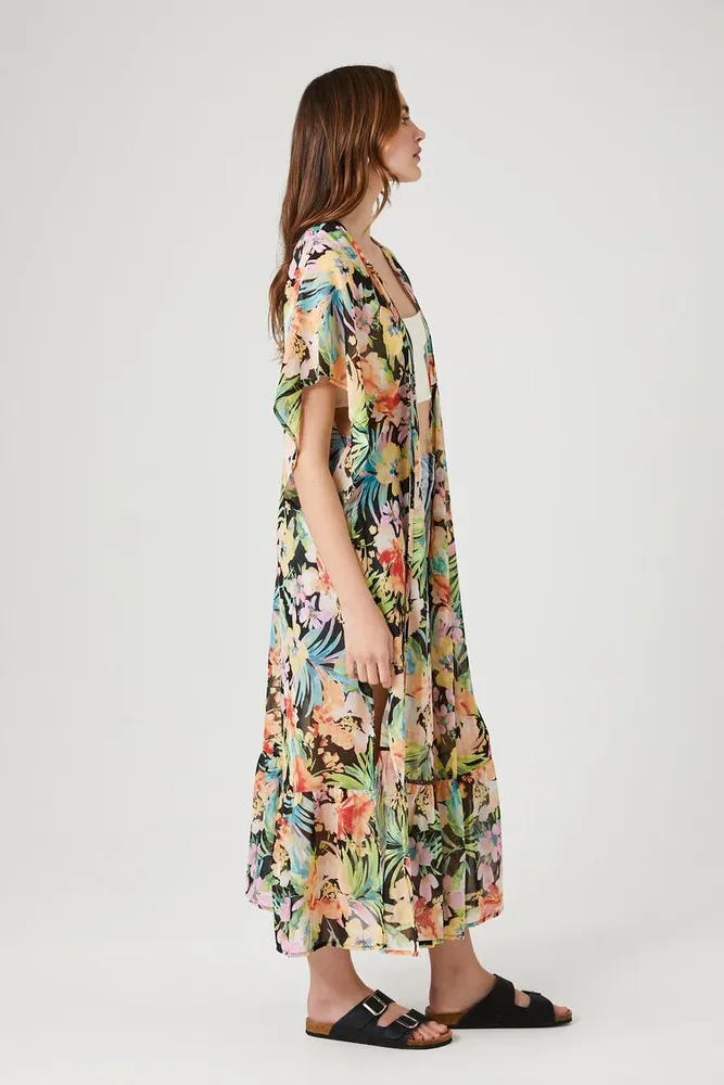 Women's Tropical Floral Print Kimono in Black Medium