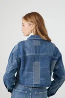 Women's Cropped Patchwork Denim Jacket in Medium Denim