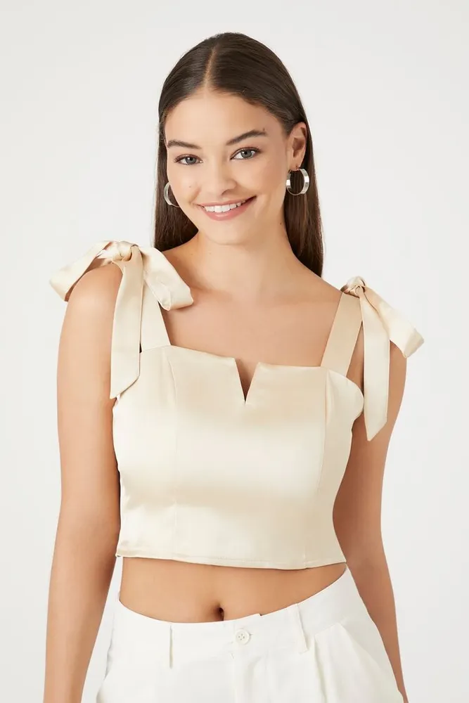 Women's Satin Tie-Strap Crop Top in Winter Wheat Small