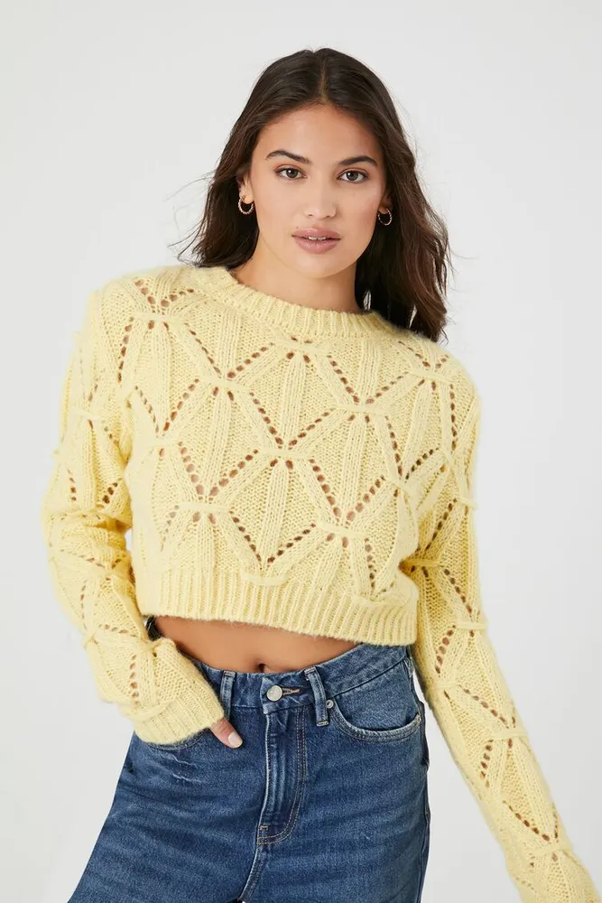 Forever 21 Women's Cropped Pointelle Knit Sweater Pale
