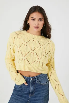 Women's Cropped Pointelle Knit Sweater in Pale Banana Medium