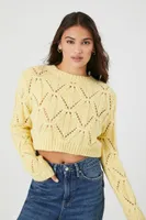 Women's Cropped Pointelle Knit Sweater in Pale Banana Large