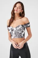 Women's Floral Off-the-Shoulder Crop Top in Black/White, XL