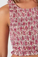 Women's Smocked Floral Print Crop Top in Pink Medium