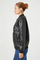 Women's Faux Leather Quilted Bomber Jacket in Black Small