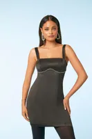 Women's Satin Rhinestone-Trim Mini Dress in Black Medium