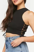 Women's Ribbed Lace-Up Cropped Tank Top in Black Medium