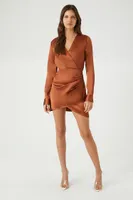 Women's Satin Surplice Tulip-Hem Mini Dress in Chestnut Medium