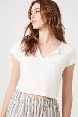 Women's Split-Neck Cropped T-Shirt in White Small