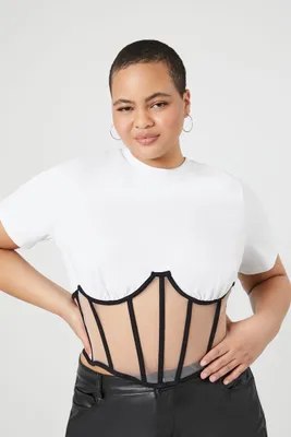 Women's Sheer Bustier Crop Top in White/Black, 3X