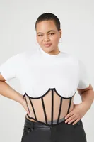 Women's Sheer Bustier Crop Top in White/Black, 3X