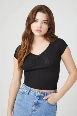 Women's Cropped Pointelle Knit T-Shirt in Black Small