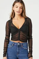 Women's Sheer Ruched Mesh Crop Top in Black, XS