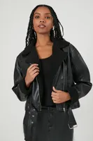 Women's Faux Leather Belted Moto Jacket in Black Small