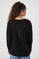 Women's Open-Knit V-Neck Sweater in Black, XS