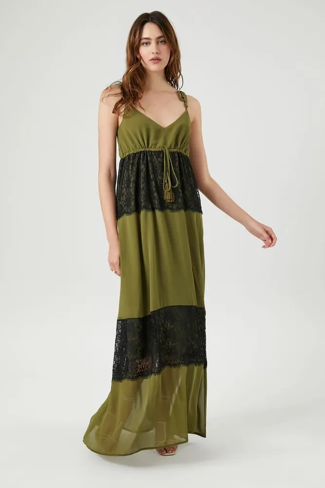 Women's Chiffon Lace-Trim Maxi Dress Olive/Black