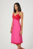 Women's Satin Lace-Trim Midi Dress in Currant/Fuchsia Small