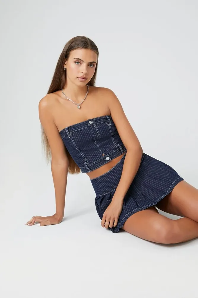 Women's Striped Denim Tube Top in Dark Denim Small