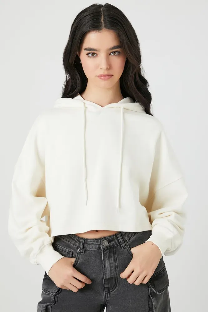 Women's Cropped French Terry Hoodie in Vanilla Large