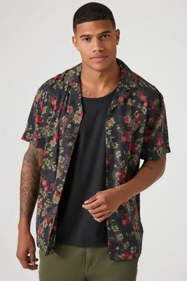 Men Floral Print Short-Sleeve Shirt in Black, XXL