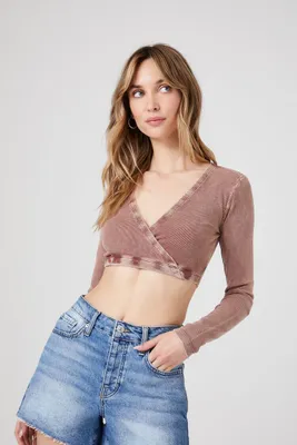 Women's Ribbed Surplice Crop Top Cappuccino