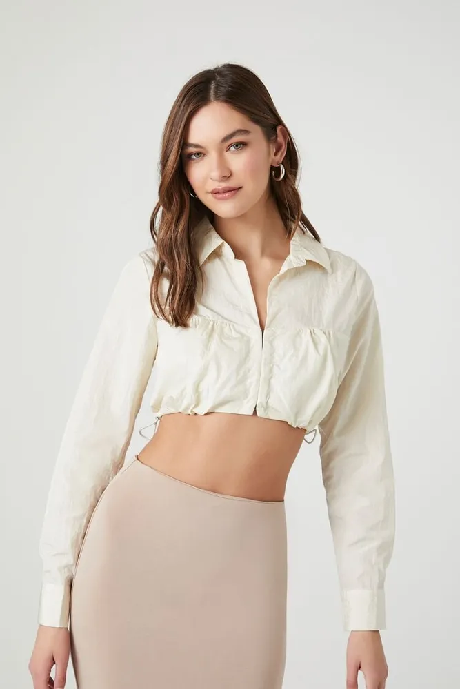 Women's Split-Neck Drawstring Crop Top Cream