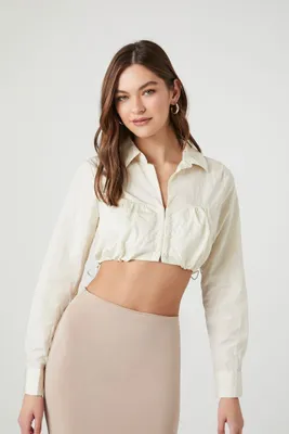 Women's Split-Neck Drawstring Crop Top in Cream Medium