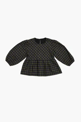 Girls Plaid Puff-Sleeve Peplum Top (Kids) in Olive/Black, 13/14