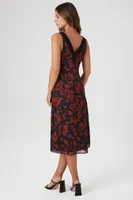 Women's Floral Print Lace-Trim Midi Dress in Black, XS