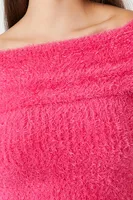 Women's Fuzzy Knit Off-the-Shoulder Sweater in Fuchsia Large