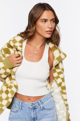 Women Checkered Faux Shearling Jacket in Olive/Sage, XS