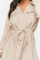 Women's V-Neck Belted Shirt Dress in Taupe Large