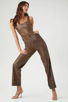 Women's Faux Leather Sleeveless Jumpsuit in Brown, XL