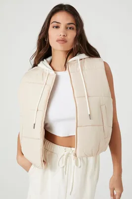 Women's Hooded Zip-Up Puffer Vest in Taupe/Ivory Small
