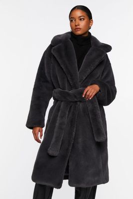 Women's Faux Fur Belted Coat in Charcoal Large