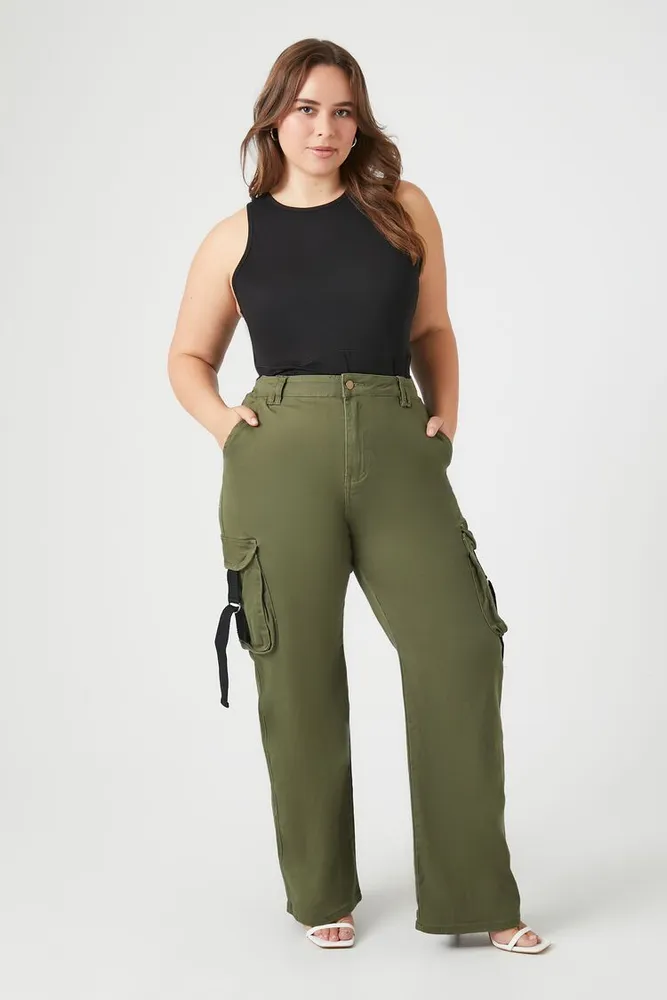 Forever 21 Women's Twill Wide-Leg Cargo Pants in Olive, 2X