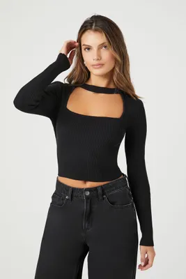 Women's Sweater-Knit Cutout Crop Top in Black Large