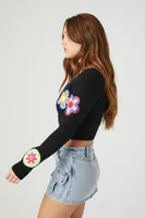 Women's Cropped Floral Cardigan Sweater in Black Medium